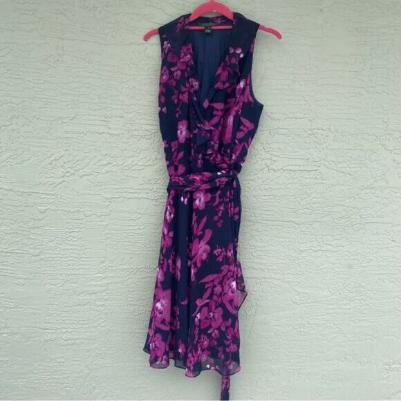 Ralph Lauren Sz 14  Floral Chiffon Ruffled Wrap Dress - Picture 1 of 11